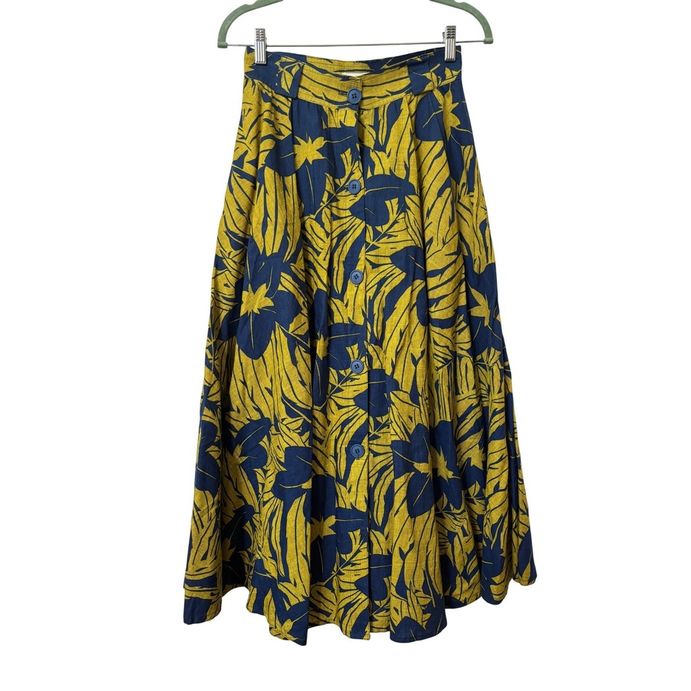 Vintage Danny Noble Tropical Leaf Button Front Midi Skirt Navy Yellow